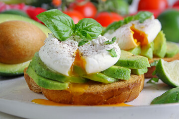  Sliced avocado and poached egg on toasted bread