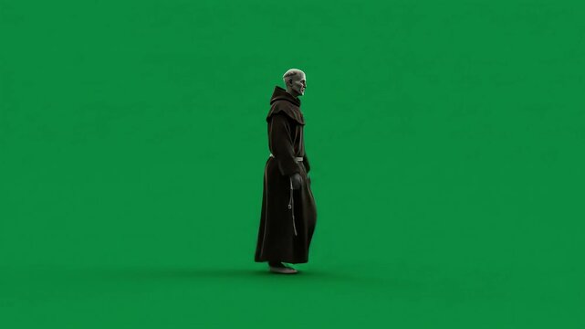 Rendered monk figure walking on a green screen