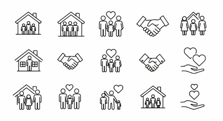 Set of minimalist black outline icons representing family home love and community relationships.