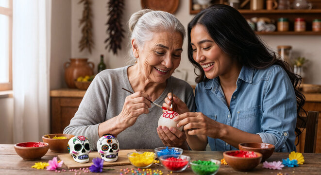 Happy grandmother and granddaughter painting sugar skulls together for a Dia de los Muertos altar - Powered by Adobe