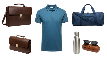 LIFESTYLE - Business accessories collection featuring brown leather briefcases, blue polo shirt, navy duffle bag, stainless steel bottle, and sunglasses with case