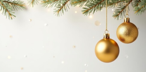 Elegant gold Christmas ornaments hanging against a pure white backdrop ,  festive decoration,  decorations