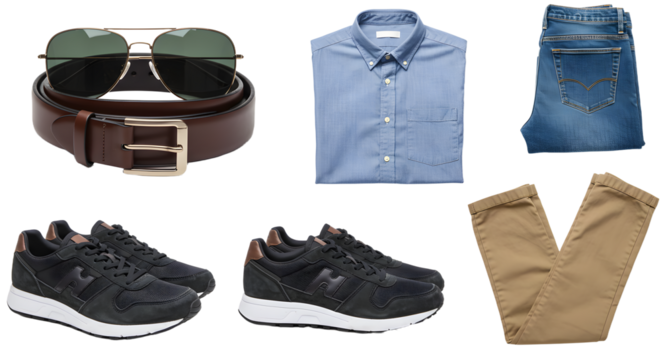 LIFESTYLE - Casual men's outfit flat lay with sunglasses, leather belt, blue shirt, jeans, sneakers, and khaki pants on white background