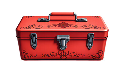 Closed red toolbox with ornamental details in front view on transparent background highlighting tool storage