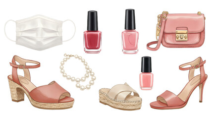 LIFESTYLE - Fashion accessories including women's sandals, nail polish bottles, pearl bracelet, pink handbag, and protective face mask on white background