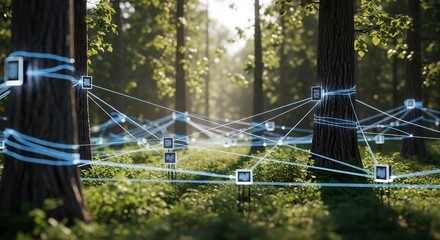 Forest Network: Glowing Data Nodes Interconnected in Lush Woodland Scene