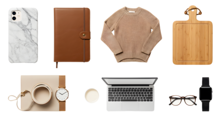 LIFESTYLE - Flat lay of modern workspace with laptop, notebook, coffee cup, sweater, smartphone, glasses, watch, and wooden cutting board on white background