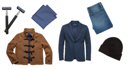LIFESTYLE - Flat lay of men's clothing including brown coat, blue blazer, denim jeans, black beanie, blue scarf, and two razors on white background