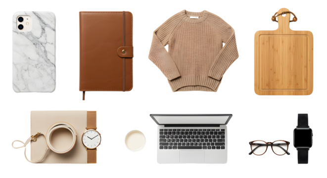 LIFESTYLE - Flat lay of modern workspace with laptop, notebook, coffee cup, sweater, smartphone, glasses, watch, and wooden cutting board on white background