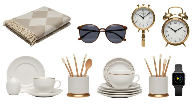 LIFESTYLE - Flat lay of stylish beige blanket, sunglasses, vintage clocks, ceramic cups and plates, wooden spoons, and smartwatch on white background