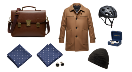 LIFESTYLE - Men's business style accessories including brown leather briefcase, camel coat, cycling helmet, cufflinks, handkerchiefs, and black knit beanie on white background