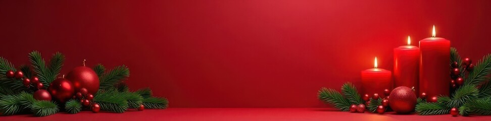 Elegant red festive background with candles and evergreen branches, festive decor, evergreen branches, gathered items