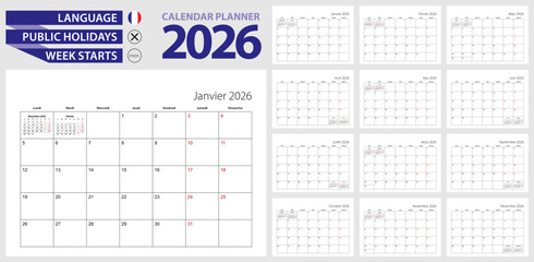 French calendar planner for 2026. French language, week starts from Monday.
