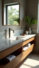 Modern sink with wooden drawers and sleek stone countertop, design, furniture, bathroom