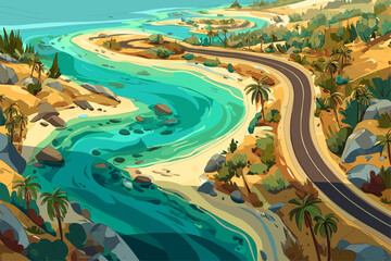 Fototapeta premium Scenic Coastal Road with Turquoise Waters and Lush Landscape in Stylized Illustration