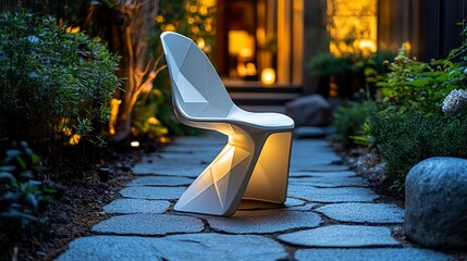 Modern, geometric chair illuminated in a garden pathway at night.  Soft, warm light highlights the unique design