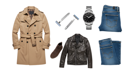 LIFESTYLE - Stylish men's fashion flat lay with beige trench coat, leather jacket, blue jeans, wristwatch, brown shoe, and grooming razors