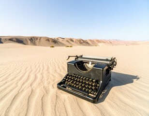 Vintage black typewriter in a desert setting