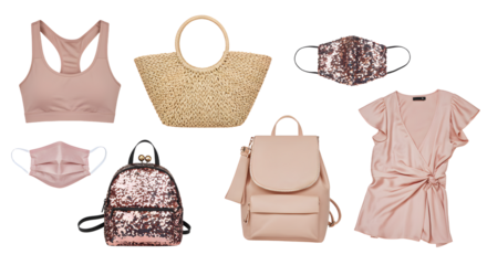 LIFESTYLE - Stylish pink women's clothing and accessories set including sports bra, dress, backpacks, face masks, and straw handbag