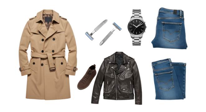 LIFESTYLE - Stylish men's fashion flat lay with beige trench coat, leather jacket, blue jeans, wristwatch, brown shoe, and grooming razors - Powered by Adobe