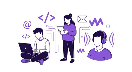 Collaborative Remote Work Illustration Featuring Diverse Professionals Engaging in Digital Communication and Technology for Business Presentations and Marketing Materials