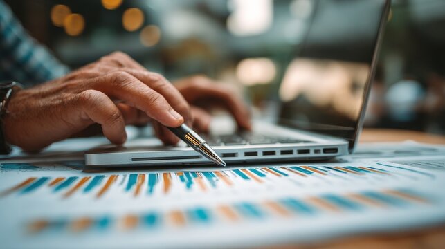 Man reviews financial reports and charts on Laptop at outdoor workspace in daytime