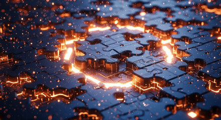 A close up view of dark puzzle pieces with orange glowing edges and small white particles floating around