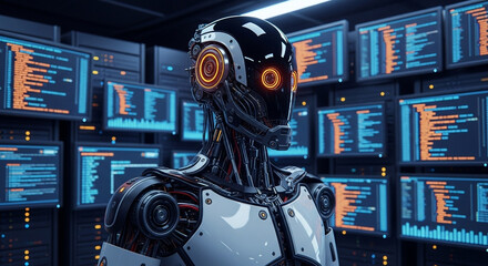 Futuristic robot standing in front of multiple screens displaying code in a server room setting