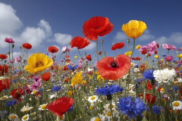 Obraz premium Vibrant wildflower meadow under a partly cloudy sky