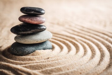 Stacked stones on sand, zen garden design