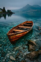 Obraz premium Green Wooden Boat Reflection high resolution image
