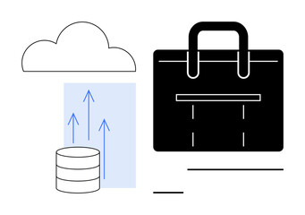 Cloud above database with upward arrows beside black briefcase. Ideal for data storage, cloud computing, business strategy, digital transformation, technology, workflow optimization, innovation