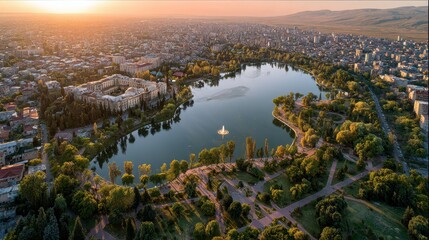 Yerevan cityscape view during sunset from above, a large lake with a fountain reflecting the light is featured