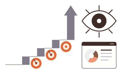 Bar chart with arrow showing growth, targets with arrows, eye icon for vision, and metrics dashboard. Ideal for planning, strategy, tracking, analytics goals monitoring success. Simple flat