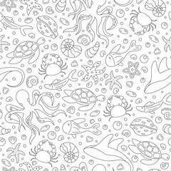 Seamless underwater doodle pattern with marine creatures. Outline ocean design featuring fish, turtle, and octopus. Aquatic background with detailed shapes, perfect for marine projects.