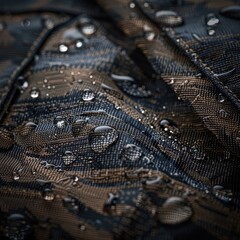 Waterproof fabric texture, water droplets, close-up.  Outdoor gear