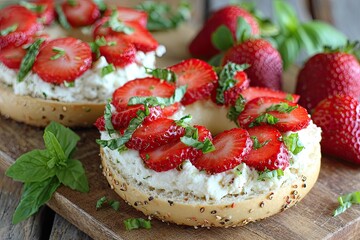 Two bagel halves topped with cream cheese, sliced strawberries, and fresh basil leaves