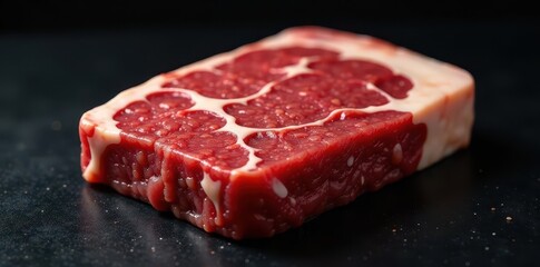 Close-up of Rohe Oberschale vom Kalb on black background with visible meat patterns and texture, animal cut, food, beef