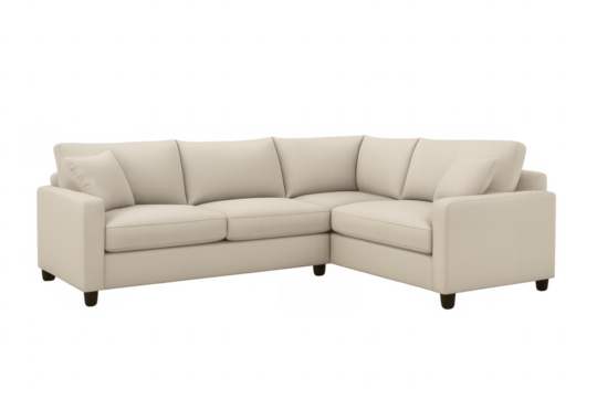 Modern beige sectional sofa with transparent background for interior design projects