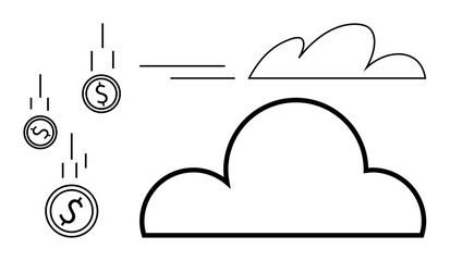 Falling dollar coins near cloud outlines represent financial growth, cloud services, and digital innovation. Ideal for finance, technology, investment, economy, savings, business strategy