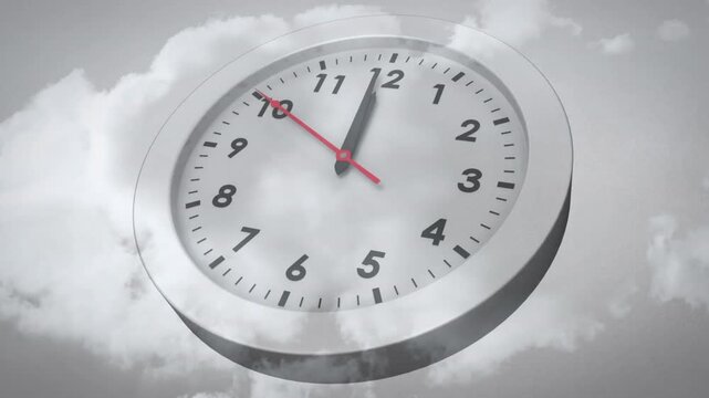 Red second hand starting past nine sweeping anticlockwise across floating clock reversing time
