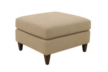 Beige upholstered footstool with wooden legs on transparent background