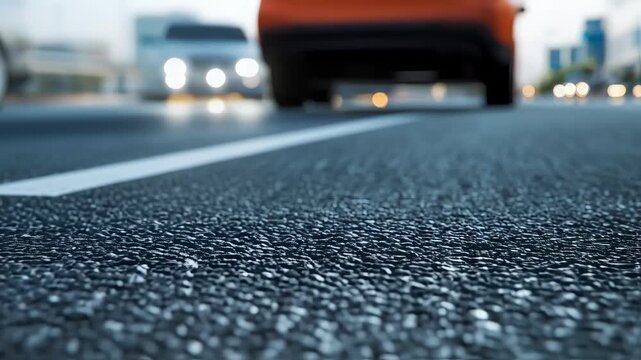 Closeup medium shot of a selfhealing asphalt patch responding to traffic load focused on textured road surface with blurred wheels rolling by illustrating dynamic material