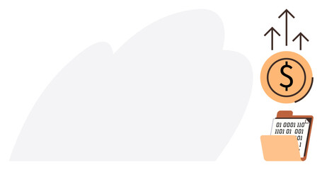 Dollar coin with upward arrows suggesting growth near a data folder filled with binary digits. Ideal for finance, analytics, savings, profit, investment, technology, reports. Simple flat metaphor