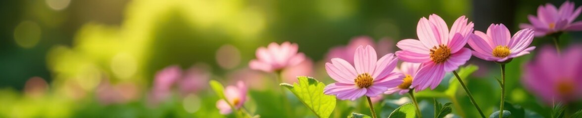 Obraz premium Delicate pink flowers in a garden bed with lush greenery and sunlight filtering through leaves, flower blooms, garden details