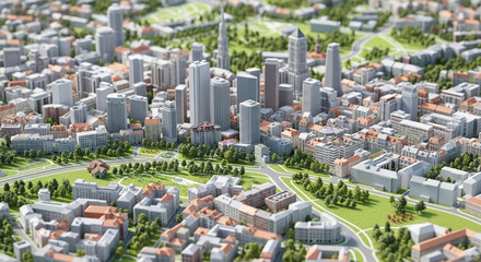 Obraz premium Aerial view of a meticulously detailed miniature city model with skyscrapers and residential buildings