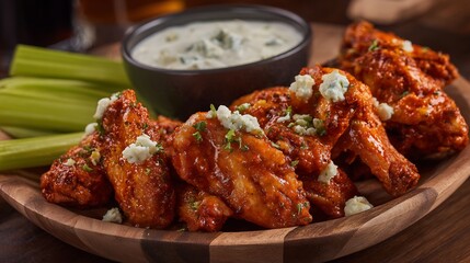 Fototapeta premium American buffalo wings blue cheese dip celery sticks