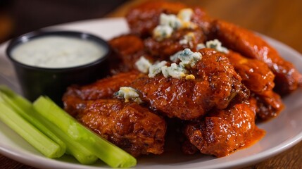 Fototapeta premium American buffalo wings blue cheese dip celery sticks