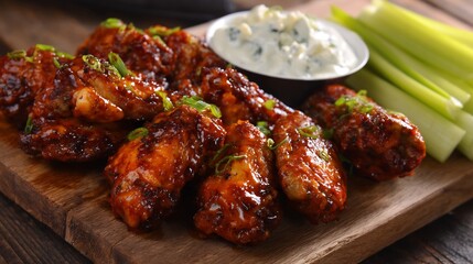 Fototapeta premium American buffalo wings blue cheese dip celery sticks