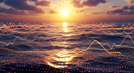 Ocean waves at sunset with overlaid data visualization showing waveform analysis of the sea surface